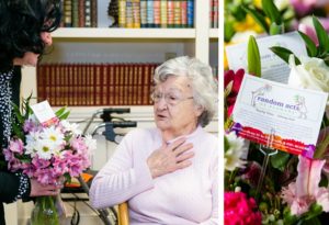 Collage of woman receiving flowers and flower bouquet